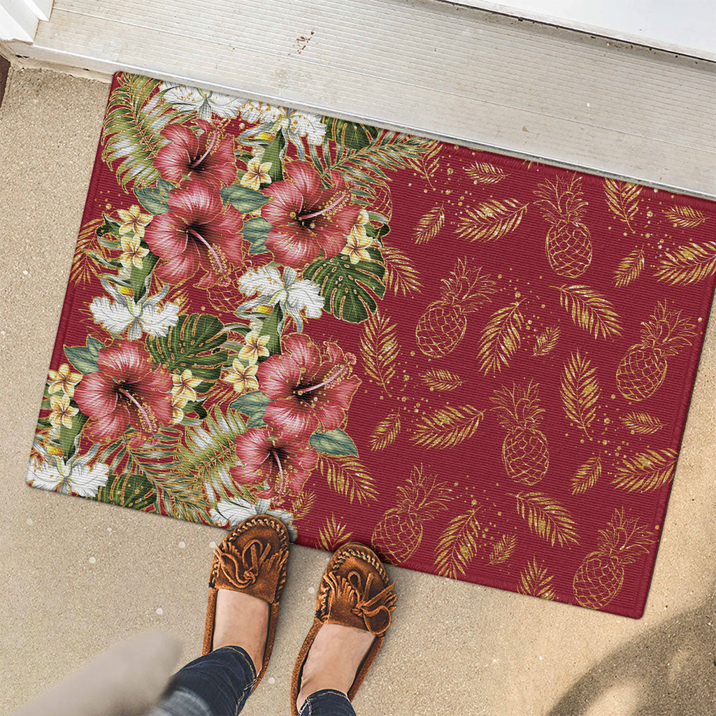 Hawaii Discoverers Day Rubber Doormat Tropical Hibiscus Glitter Crimson LT05 - Polynesian Pride
