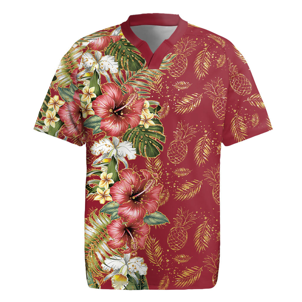 Hawaii Discoverers Day Rugby Jersey Tropical Hibiscus Glitter Crimson LT05 Crimson - Polynesian Pride