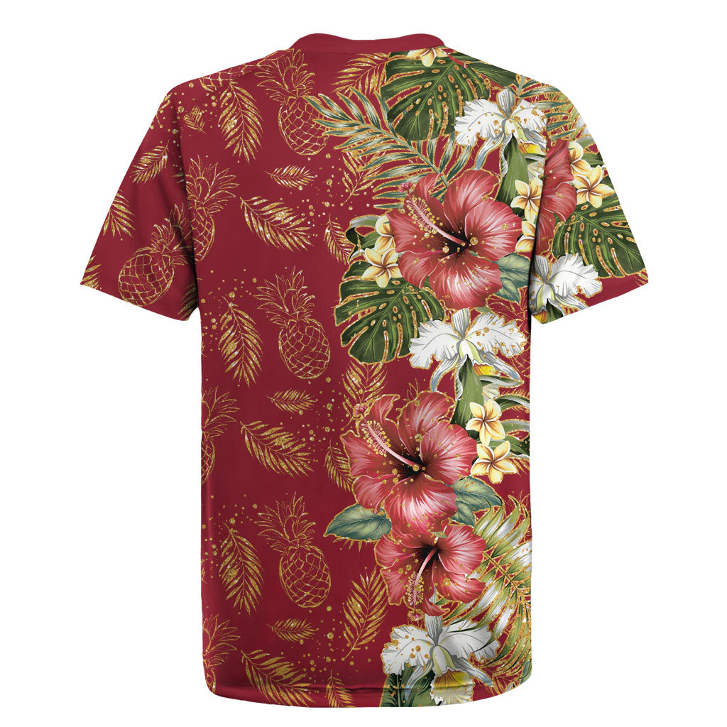 Hawaii Discoverers Day Rugby Jersey Tropical Hibiscus Glitter Crimson LT05 - Polynesian Pride