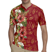 Hawaii Discoverers Day Rugby Jersey Tropical Hibiscus Glitter Crimson LT05 - Polynesian Pride