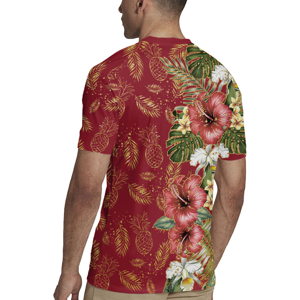 Hawaii Discoverers Day Rugby Jersey Tropical Hibiscus Glitter Crimson LT05 - Polynesian Pride