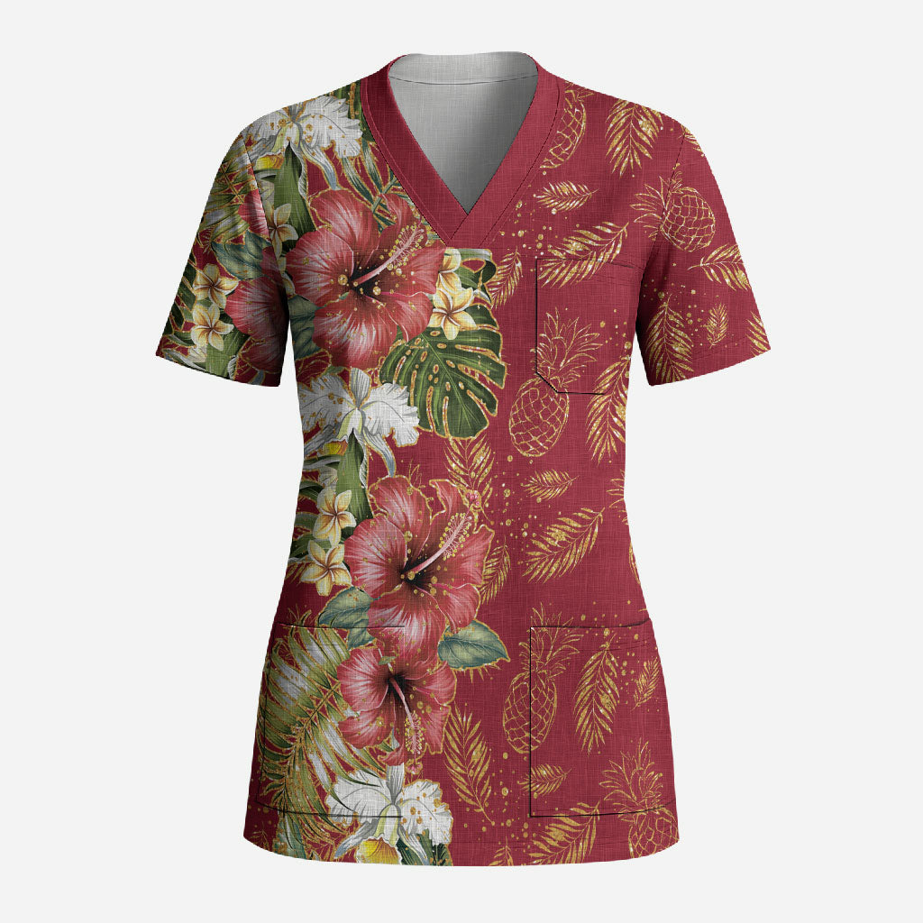 Hawaii Discoverers Day Scrub Top Tropical Hibiscus Glitter Crimson LT05 Adult Crimson - Polynesian Pride