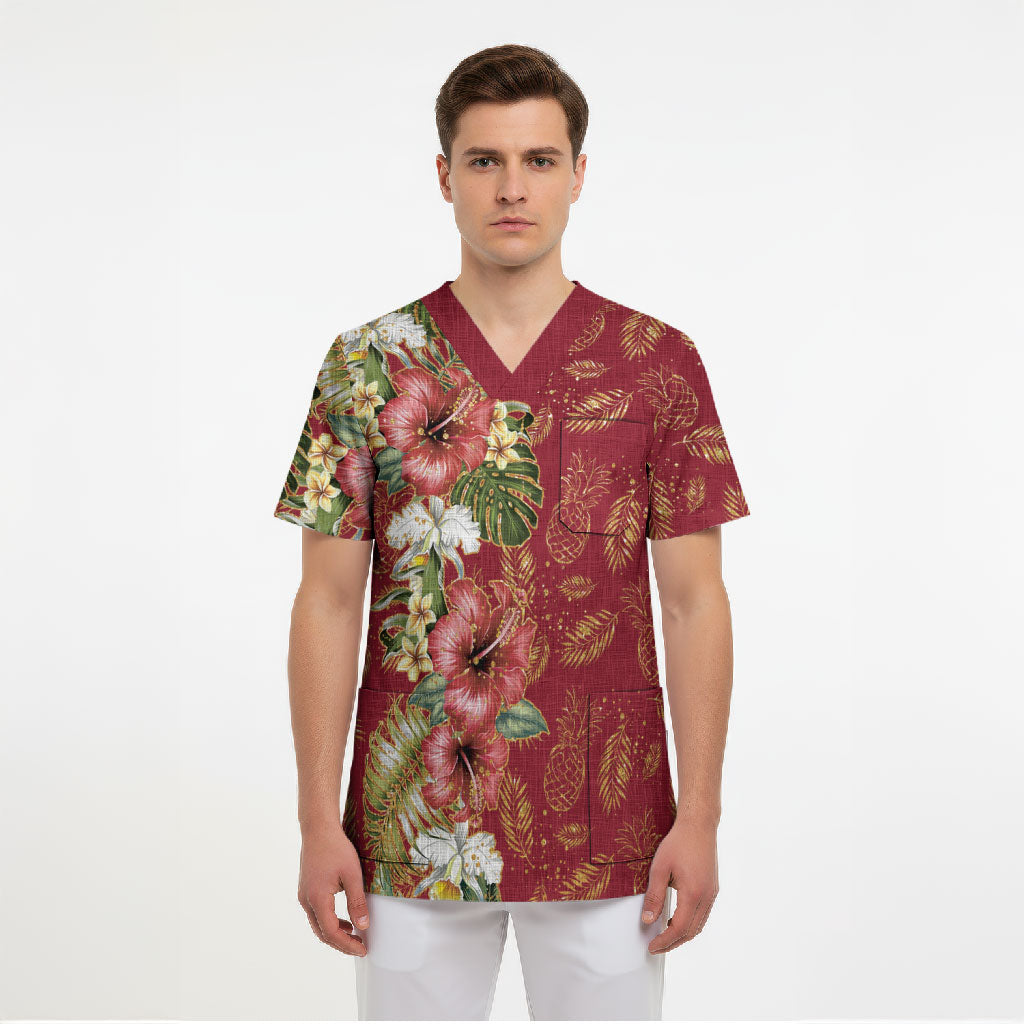 Hawaii Discoverers Day Scrub Top Tropical Hibiscus Glitter Crimson LT05 - Polynesian Pride