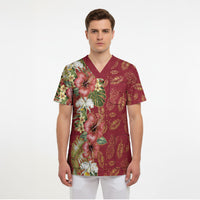 Hawaii Discoverers Day Scrub Top Tropical Hibiscus Glitter Crimson LT05 - Polynesian Pride