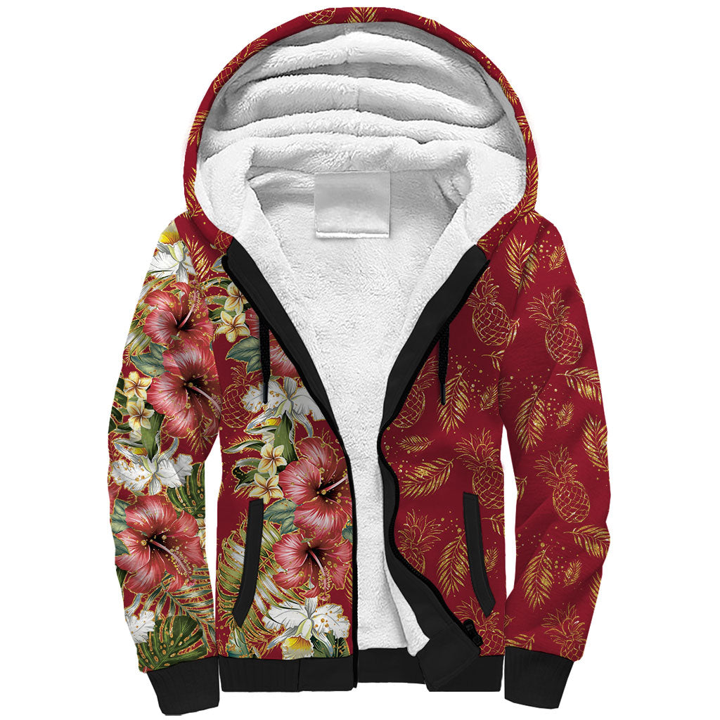 Hawaii Discoverers Day Sherpa Hoodie Tropical Hibiscus Glitter Crimson LT05 Unisex Crimson - Polynesian Pride