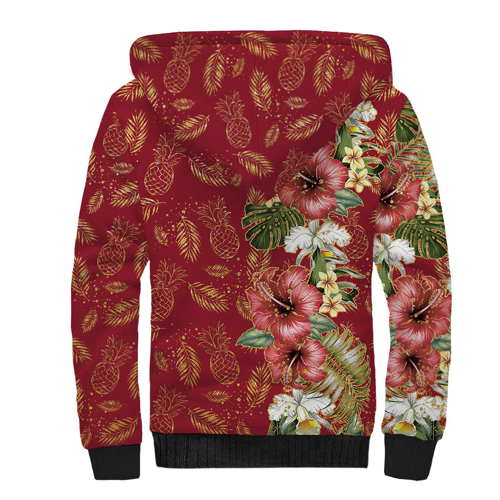Hawaii Discoverers Day Sherpa Hoodie Tropical Hibiscus Glitter Crimson LT05 - Polynesian Pride