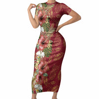 Hawaii Discoverers Day Short Sleeve Bodycon Dress Tropical Hibiscus Glitter Crimson LT05 Long Dress Crimson - Polynesian Pride
