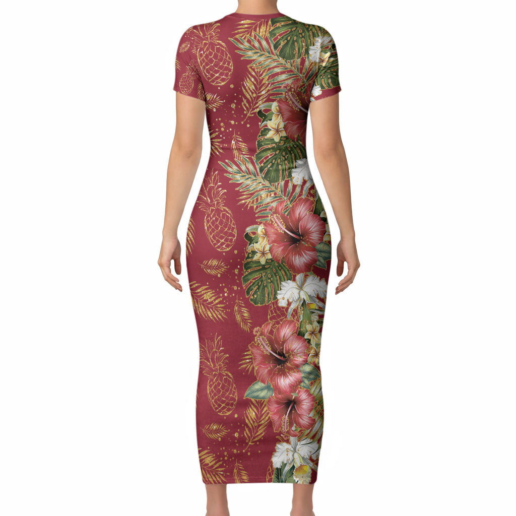 Hawaii Discoverers Day Short Sleeve Bodycon Dress Tropical Hibiscus Glitter Crimson LT05 - Polynesian Pride