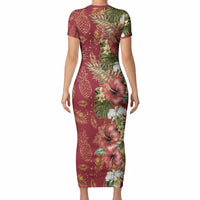 Hawaii Discoverers Day Short Sleeve Bodycon Dress Tropical Hibiscus Glitter Crimson LT05 - Polynesian Pride