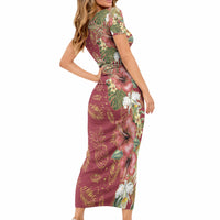 Hawaii Discoverers Day Short Sleeve Bodycon Dress Tropical Hibiscus Glitter Crimson LT05 - Polynesian Pride