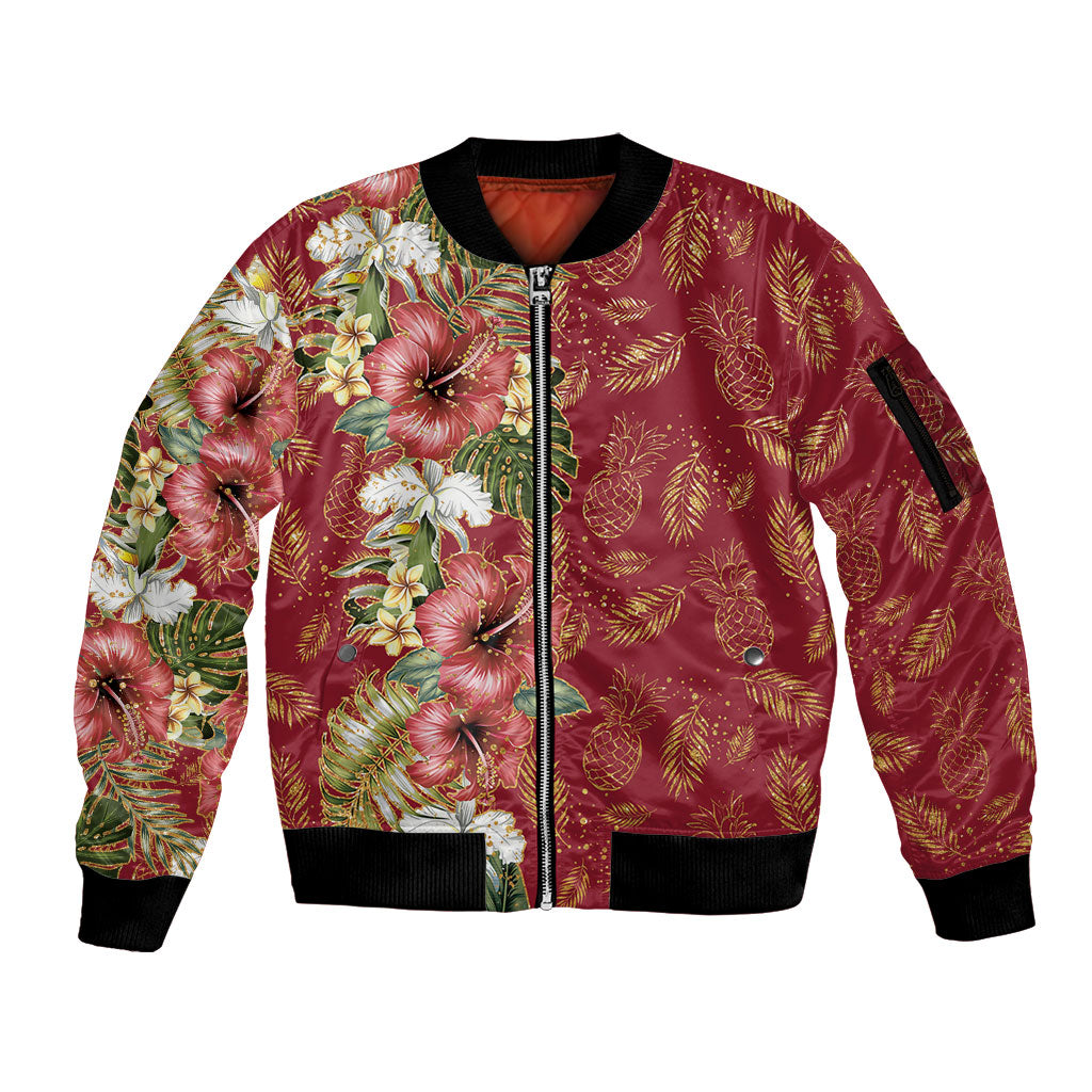 Hawaii Discoverers Day Sleeve Zip Bomber Jacket Tropical Hibiscus Glitter Crimson LT05 Unisex Crimson - Polynesian Pride