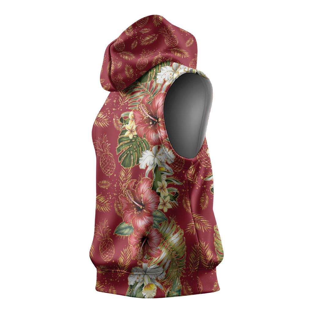 Hawaii Discoverers Day Sleeveless Hoodie Tropical Hibiscus Glitter Crimson LT05 - Polynesian Pride