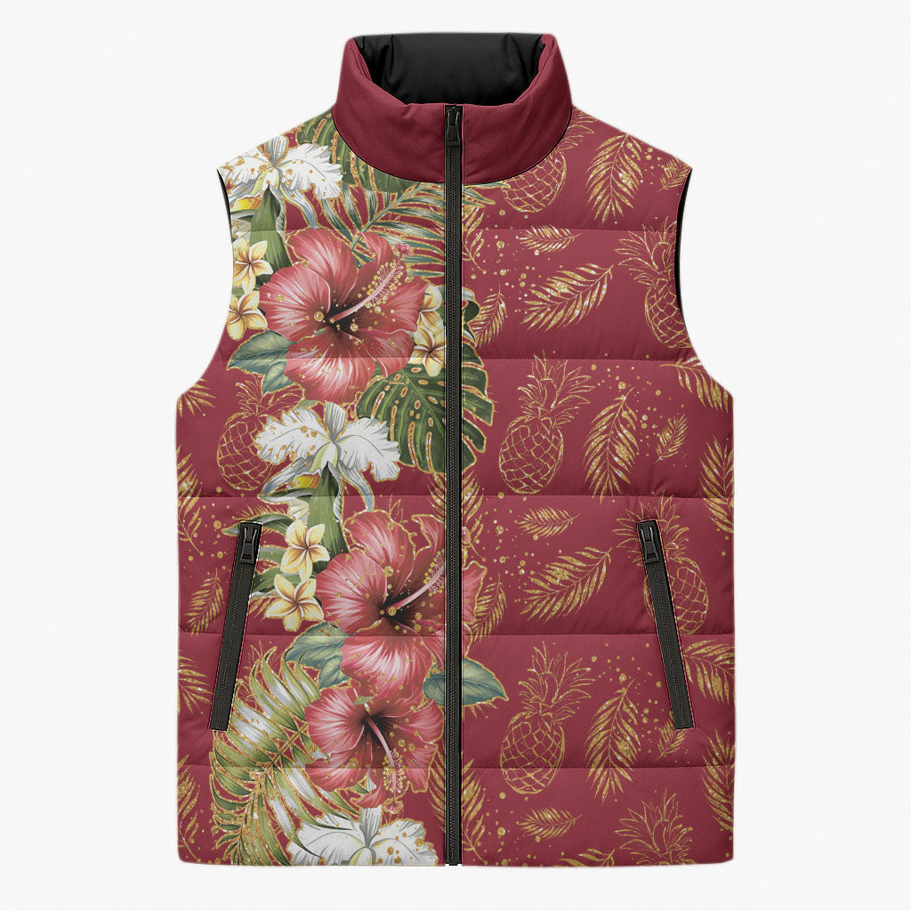 Hawaii Discoverers Day Sleeveless Puffer Jacket Tropical Hibiscus Glitter Crimson LT05 Unisex Crimson - Polynesian Pride
