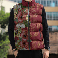 Hawaii Discoverers Day Sleeveless Puffer Jacket Tropical Hibiscus Glitter Crimson LT05 - Polynesian Pride