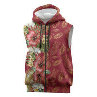 Hawaii Discoverers Day Sleeveless Zip Hoodie Tropical Hibiscus Glitter Crimson LT05 Crimson - Polynesian Pride