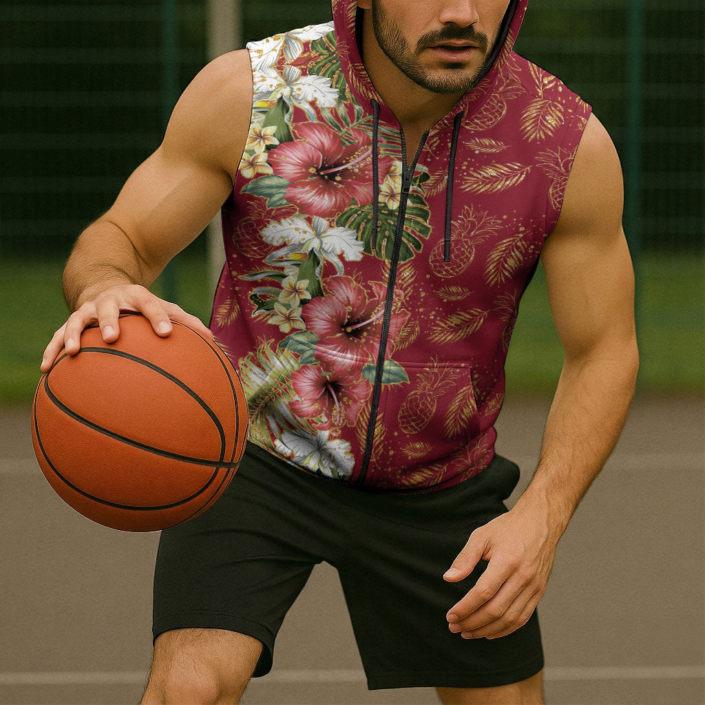 Hawaii Discoverers Day Sleeveless Zip Hoodie Tropical Hibiscus Glitter Crimson LT05 - Polynesian Pride