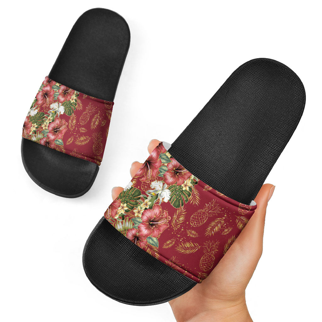 Hawaii Discoverers Day Slide Sandals Tropical Hibiscus Glitter Crimson LT05 - Polynesian Pride