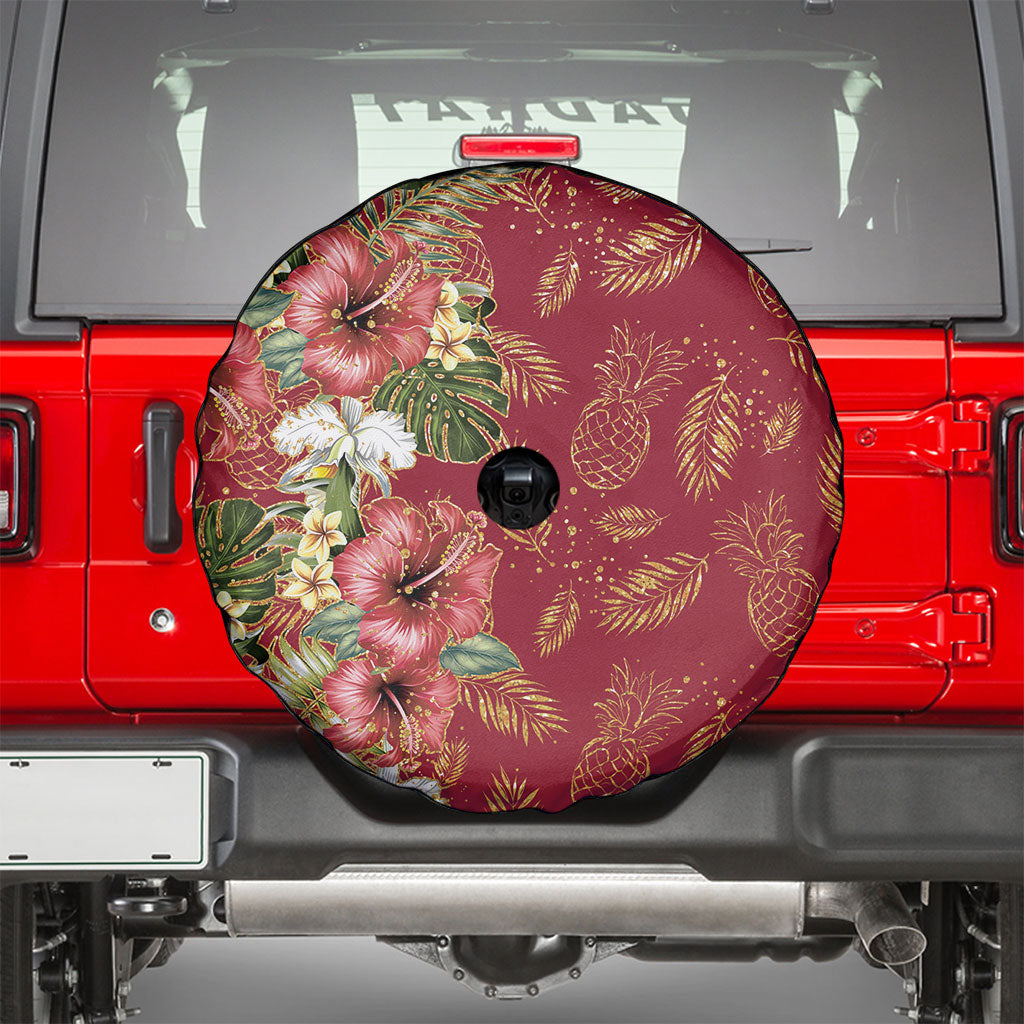 Hawaii Discoverers Day Spare Tire Cover Tropical Hibiscus Glitter Crimson LT05 - Polynesian Pride