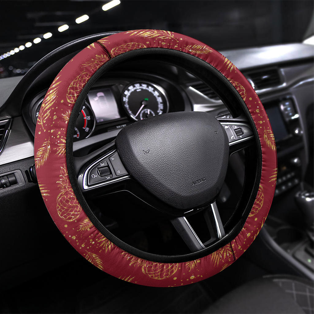 Hawaii Discoverers Day Steering Wheel Cover Tropical Hibiscus Glitter Crimson LT05 Universal Fit Crimson - Polynesian Pride