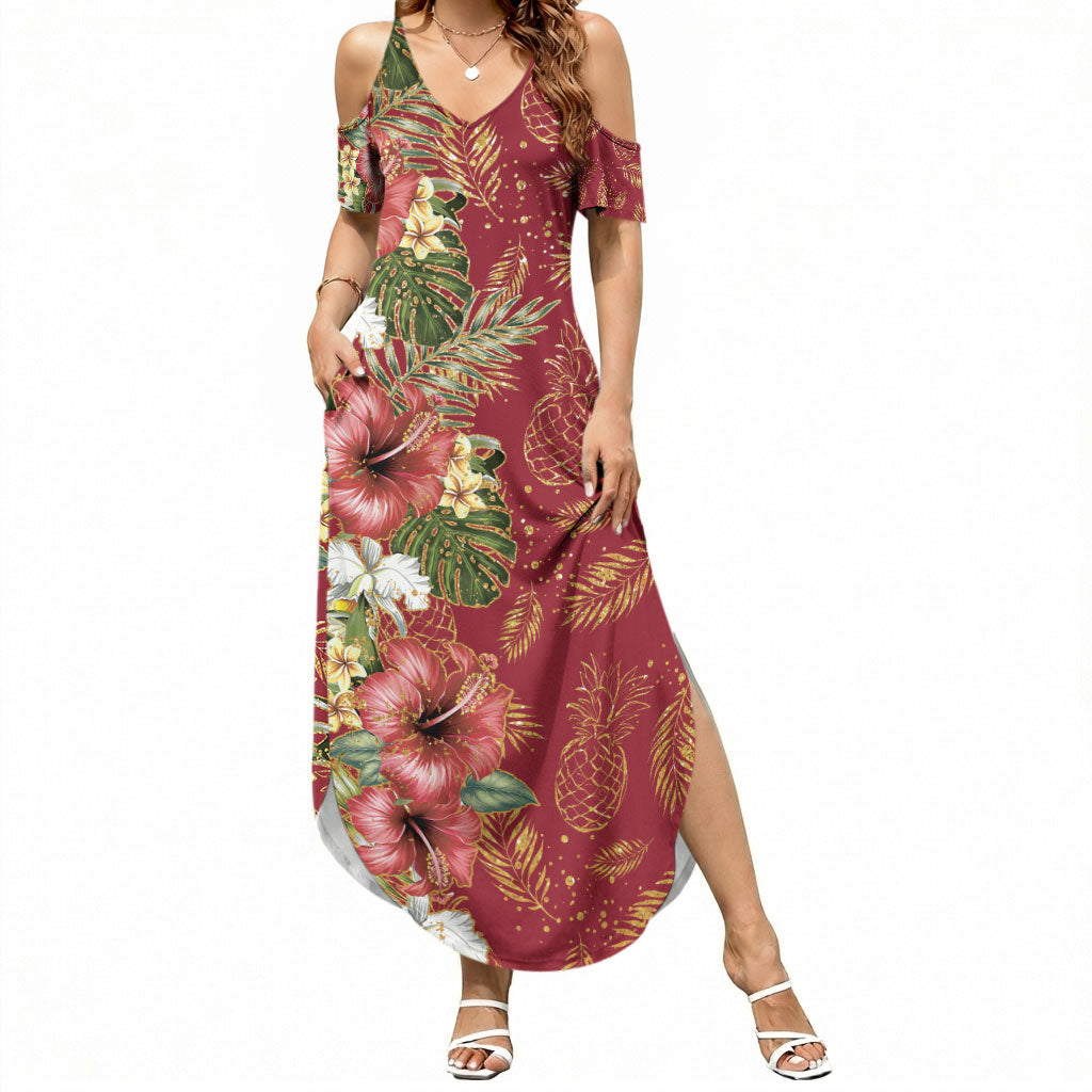 Hawaii Discoverers Day Summer Maxi Dress Tropical Hibiscus Glitter Crimson LT05 Women Crimson - Polynesian Pride