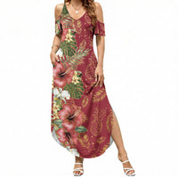 Hawaii Discoverers Day Summer Maxi Dress Tropical Hibiscus Glitter Crimson LT05 Women Crimson - Polynesian Pride