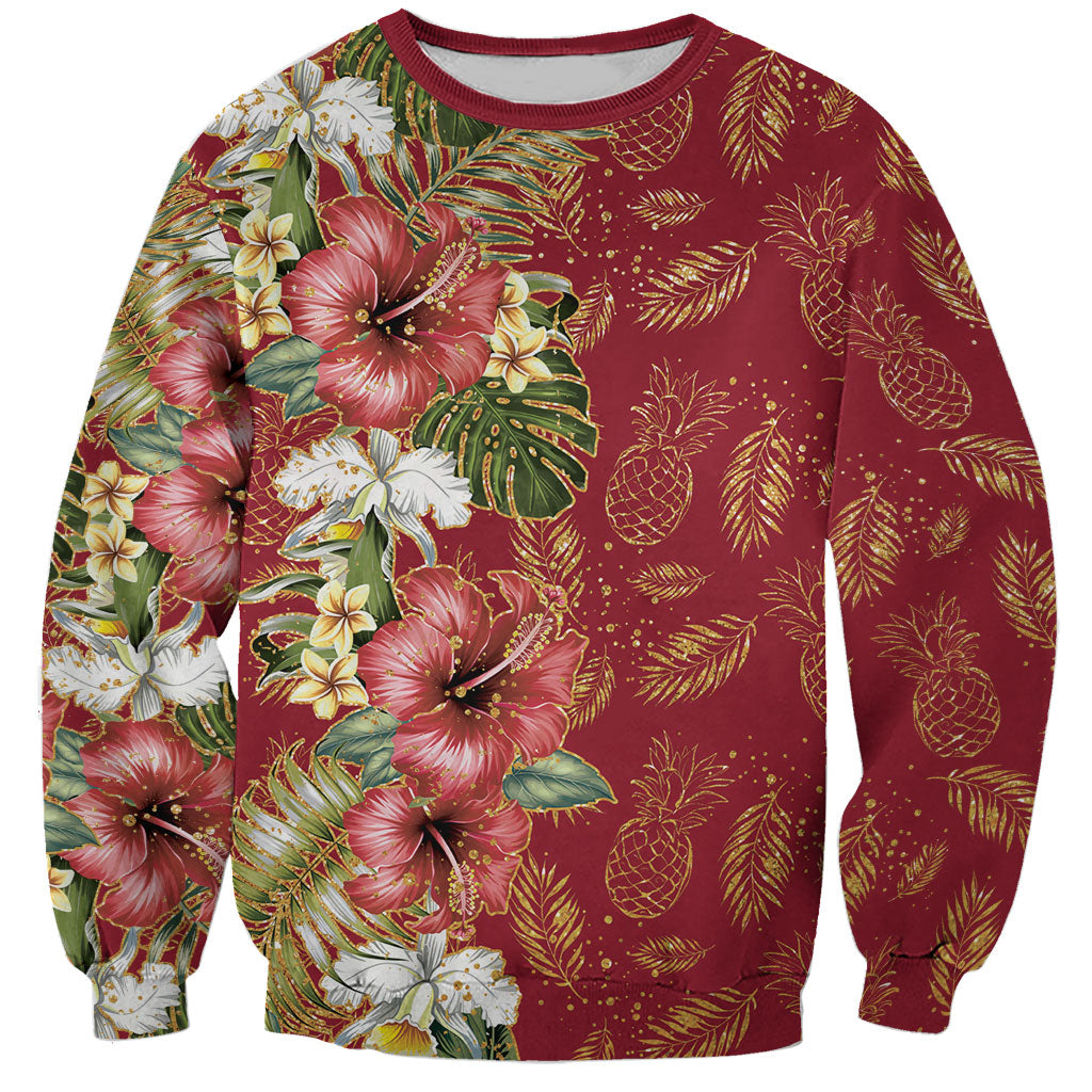 Hawaii Discoverers Day Sweatshirt Tropical Hibiscus Glitter Crimson LT05 Unisex Crimson - Polynesian Pride