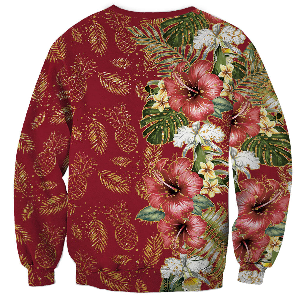 Hawaii Discoverers Day Sweatshirt Tropical Hibiscus Glitter Crimson LT05 - Polynesian Pride