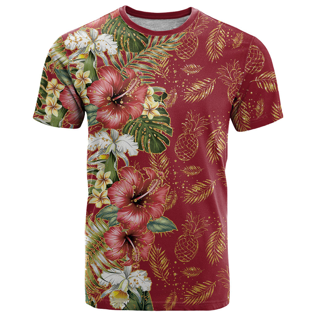 Hawaii Discoverers Day T Shirt Tropical Hibiscus Glitter Crimson LT05 Crimson - Polynesian Pride