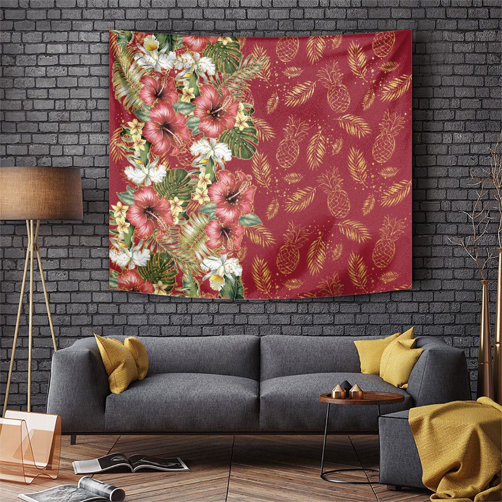 Hawaii Discoverers Day Tapestry Tropical Hibiscus Glitter Crimson LT05 Crimson - Polynesian Pride