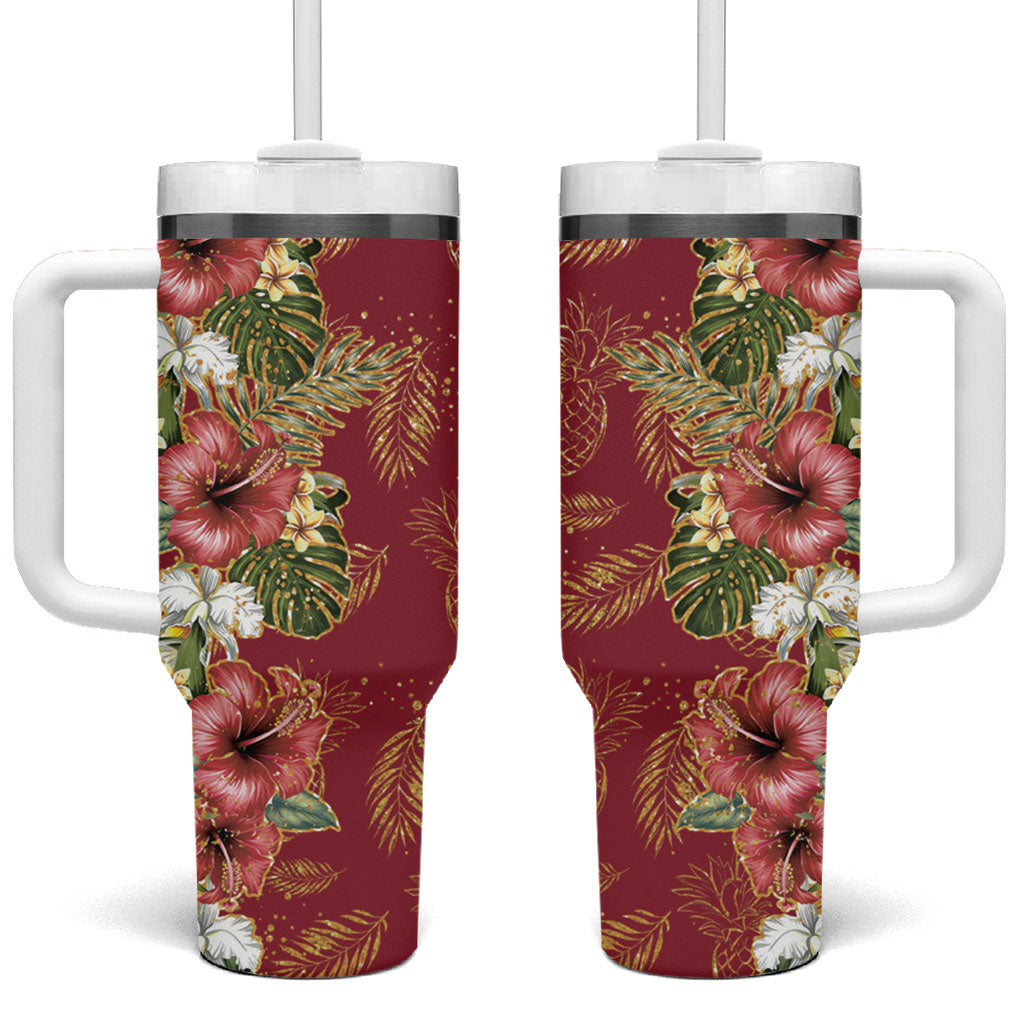 Hawaii Discoverers Day Tumbler With Handle Tropical Hibiscus Glitter Crimson LT05 One Size: 40 oz Crimson - Polynesian Pride