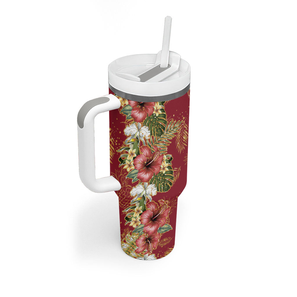 Hawaii Discoverers Day Tumbler With Handle Tropical Hibiscus Glitter Crimson LT05 - Polynesian Pride