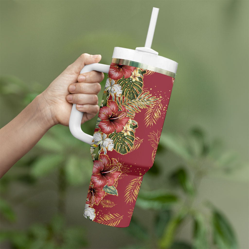 Hawaii Discoverers Day Tumbler With Handle Tropical Hibiscus Glitter Crimson LT05 - Polynesian Pride