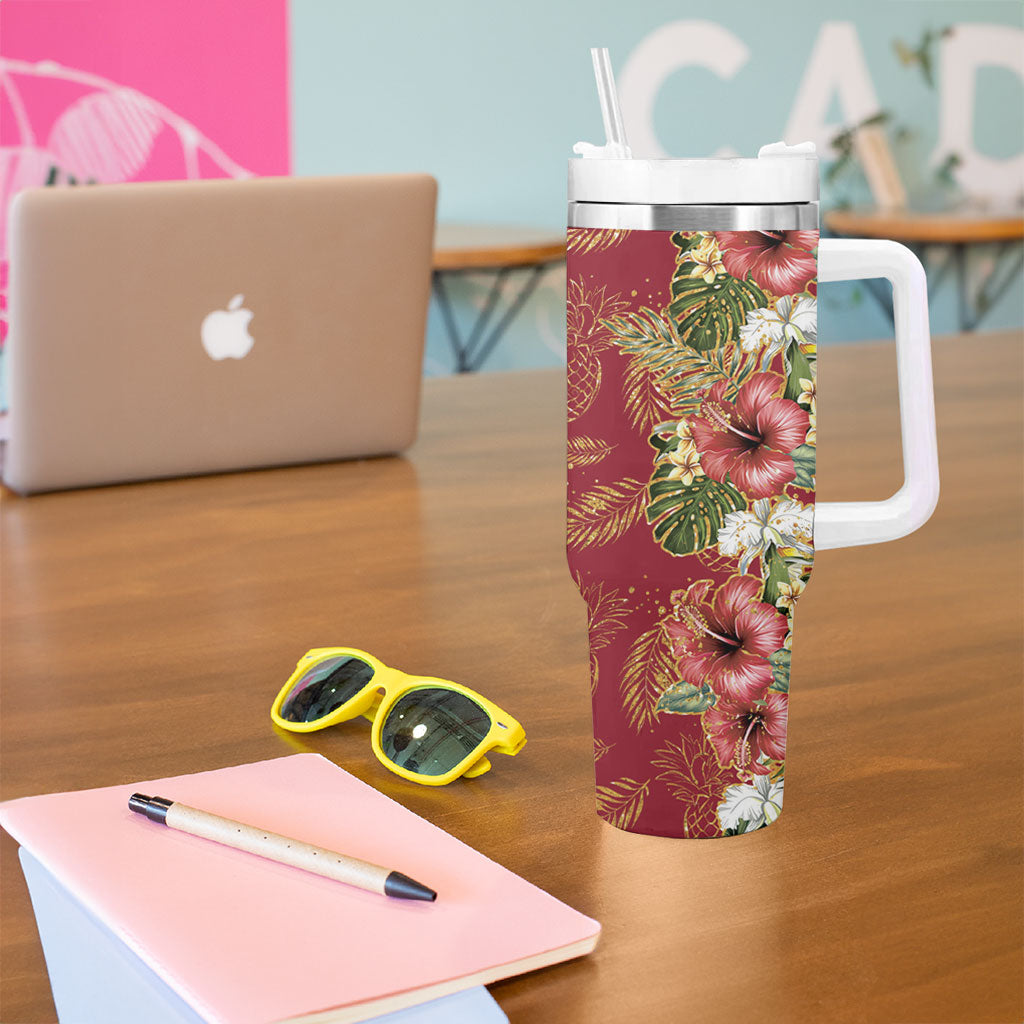 Hawaii Discoverers Day Tumbler With Handle Tropical Hibiscus Glitter Crimson LT05 - Polynesian Pride