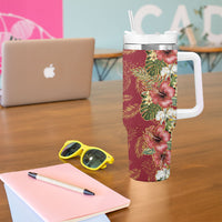 Hawaii Discoverers Day Tumbler With Handle Tropical Hibiscus Glitter Crimson LT05 - Polynesian Pride