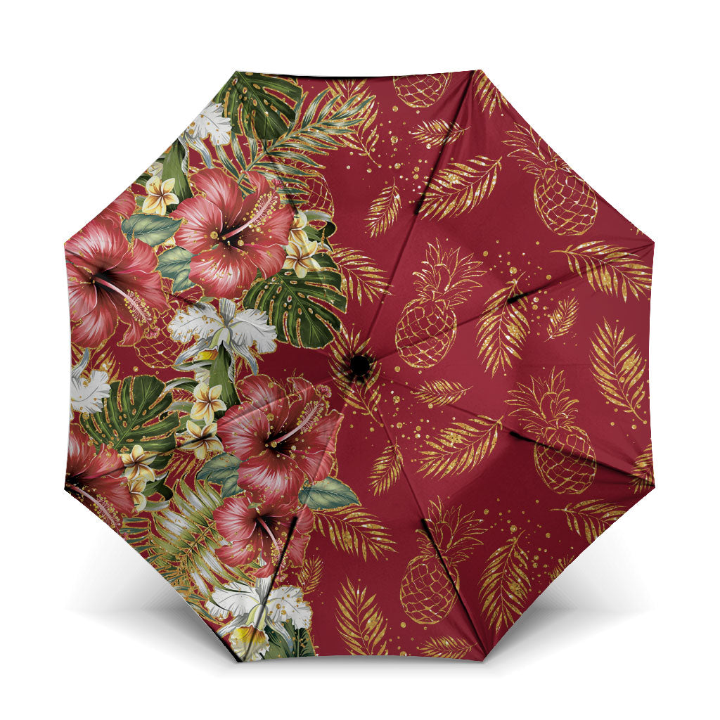 Hawaii Discoverers Day Umbrella Tropical Hibiscus Glitter Crimson LT05 One Size Folded 11.42 inch Opened Diameter 37.4 inch Crimson - Polynesian Pride
