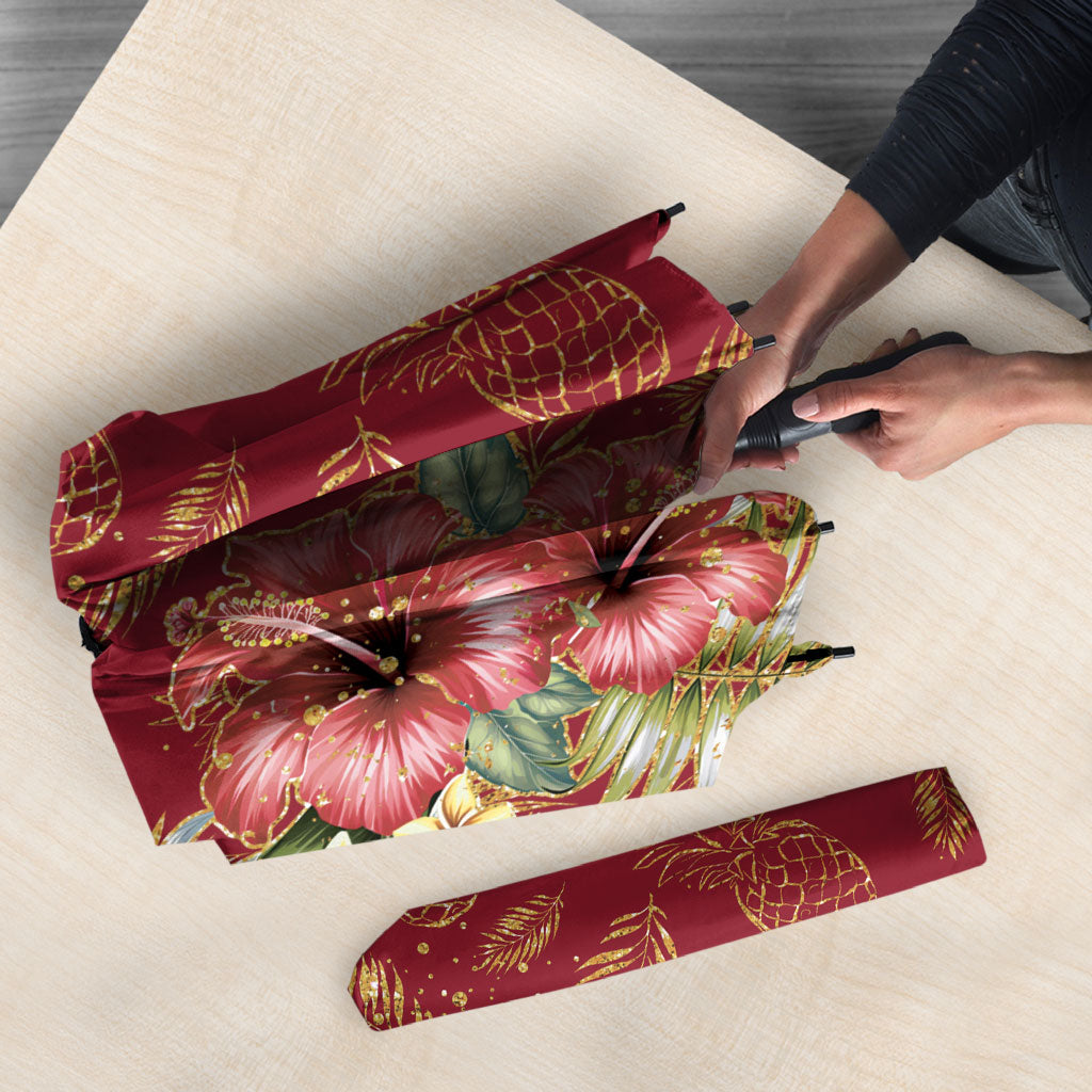 Hawaii Discoverers Day Umbrella Tropical Hibiscus Glitter Crimson LT05 - Polynesian Pride
