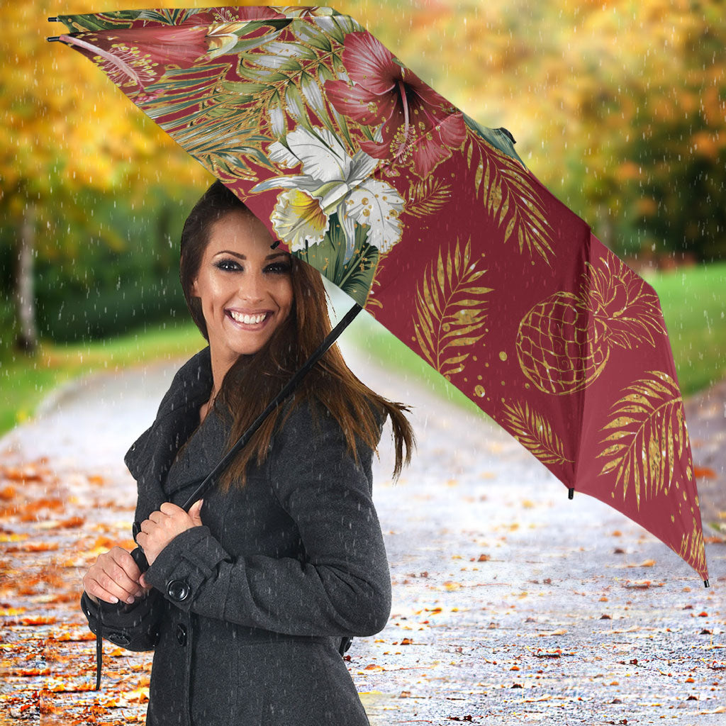 Hawaii Discoverers Day Umbrella Tropical Hibiscus Glitter Crimson LT05 - Polynesian Pride