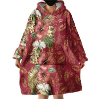 Hawaii Discoverers Day Wearable Blanket Hoodie Tropical Hibiscus Glitter Crimson LT05 - Polynesian Pride