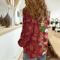 Hawaii Discoverers Day Women Casual Shirt Tropical Hibiscus Glitter Crimson LT05 - Polynesian Pride