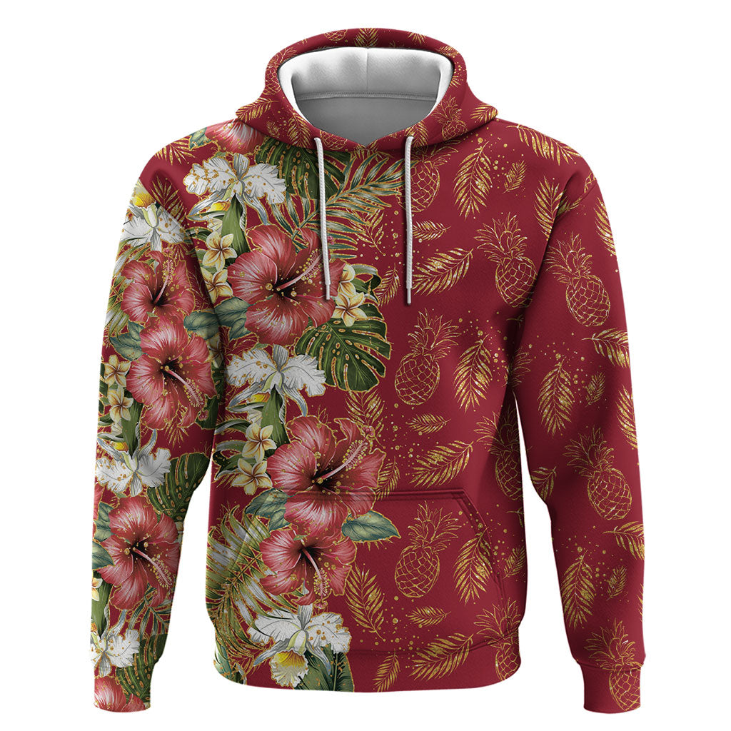 Hawaii Discoverers Day Zip Hoodie Tropical Hibiscus Glitter Crimson LT05 Pullover Hoodie Crimson - Polynesian Pride