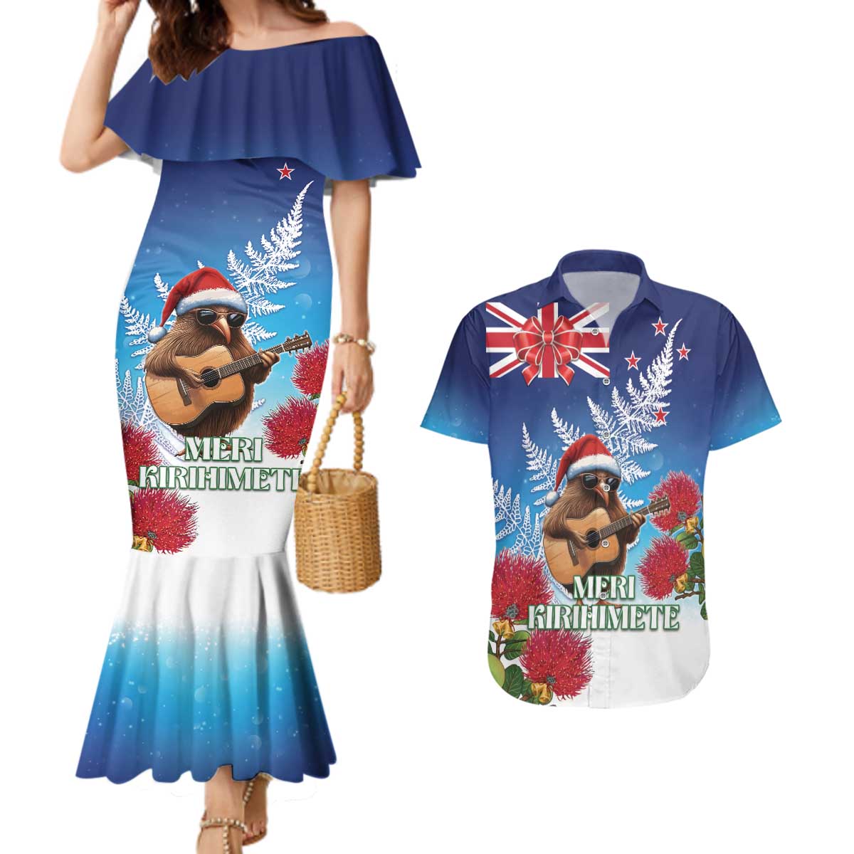 New Zealand Kiwi Christmas Couples Matching Mermaid Dress and Hawaiian Shirt Xmas Vibe