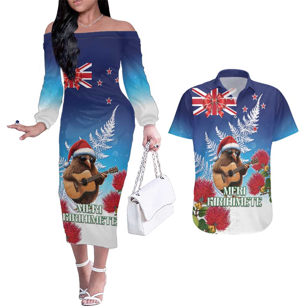 New Zealand Kiwi Christmas Couples Matching Off The Shoulder Long Sleeve Dress and Hawaiian Shirt Xmas Vibe