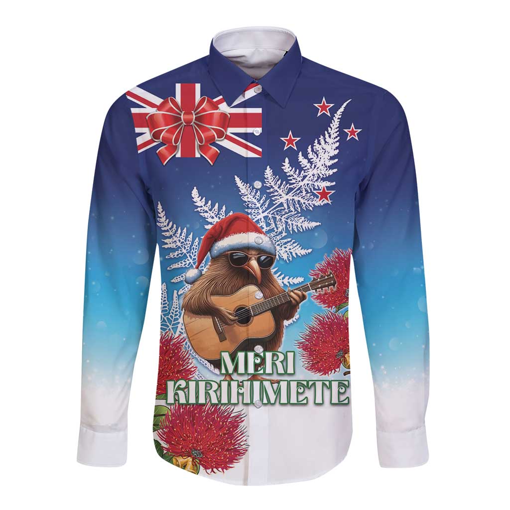 New Zealand Kiwi Christmas Long Sleeve Button Shirt Xmas Vibe LT05 Unisex Blue - Polynesian Pride