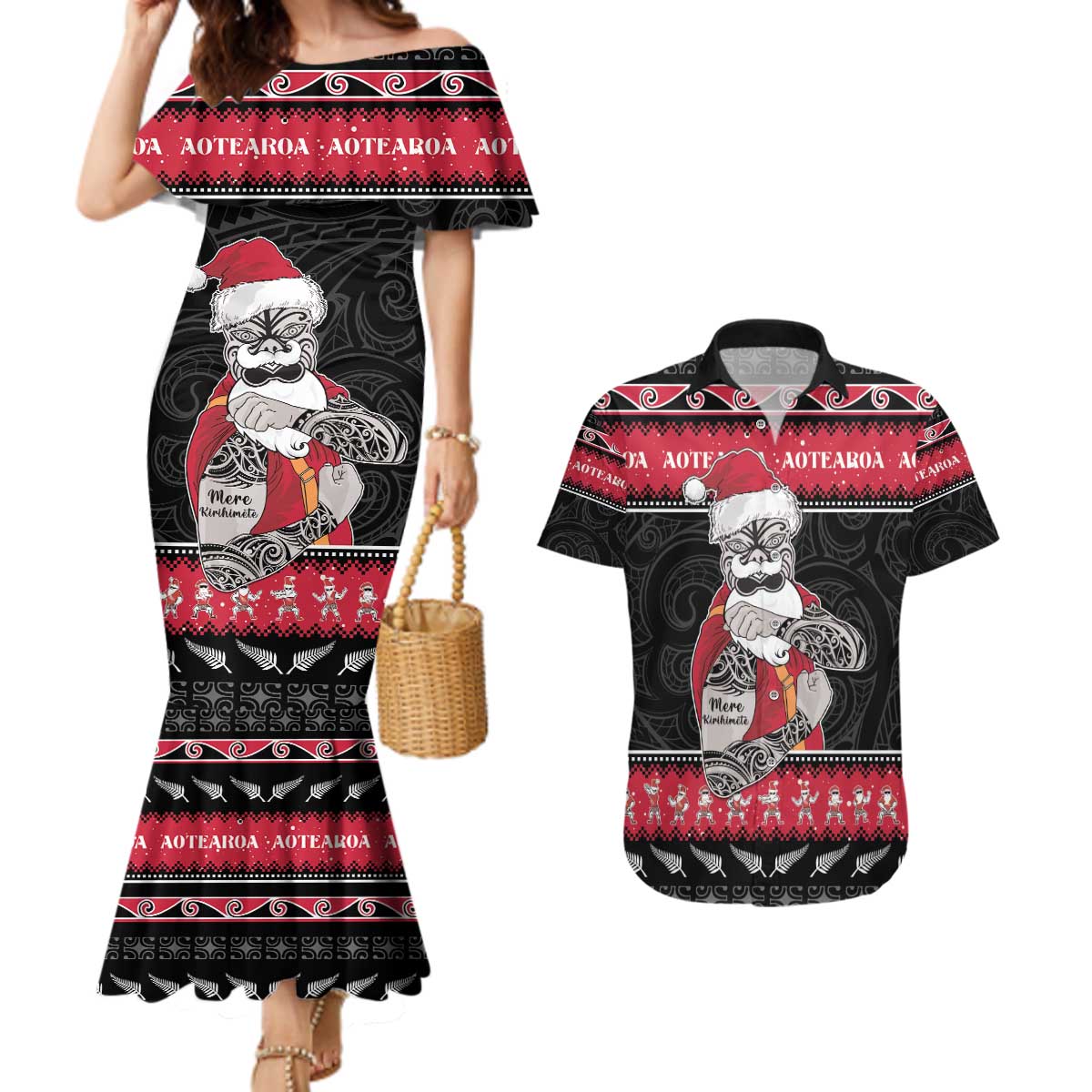 New Zealand Santa Tiki Christmas Couples Matching Mermaid Dress and Hawaiian Shirt Meri Kirihimete