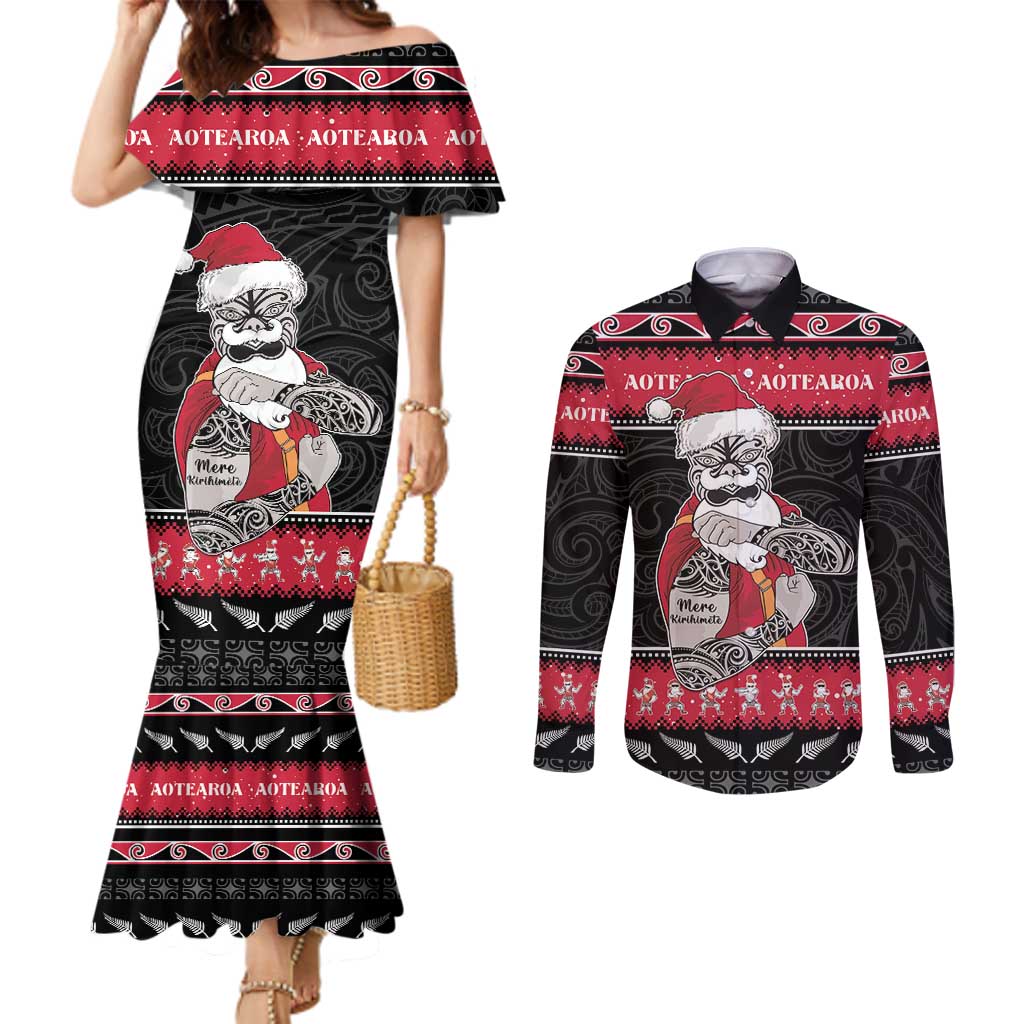 New Zealand Santa Tiki Christmas Couples Matching Mermaid Dress and Long Sleeve Button Shirt Meri Kirihimete