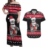 New Zealand Santa Tiki Christmas Couples Matching Off Shoulder Maxi Dress and Hawaiian Shirt Meri Kirihimete LT05 Black - Polynesian Pride