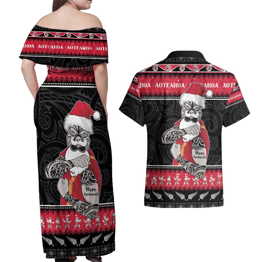 New Zealand Santa Tiki Christmas Couples Matching Off Shoulder Maxi Dress and Hawaiian Shirt Meri Kirihimete LT05 - Polynesian Pride