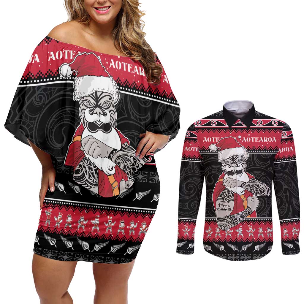 New Zealand Santa Tiki Christmas Couples Matching Off Shoulder Short Dress and Long Sleeve Button Shirt Meri Kirihimete