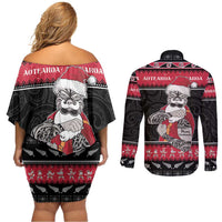 New Zealand Santa Tiki Christmas Couples Matching Off Shoulder Short Dress and Long Sleeve Button Shirt Meri Kirihimete