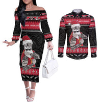 New Zealand Santa Tiki Christmas Couples Matching Off The Shoulder Long Sleeve Dress and Long Sleeve Button Shirt Meri Kirihimete